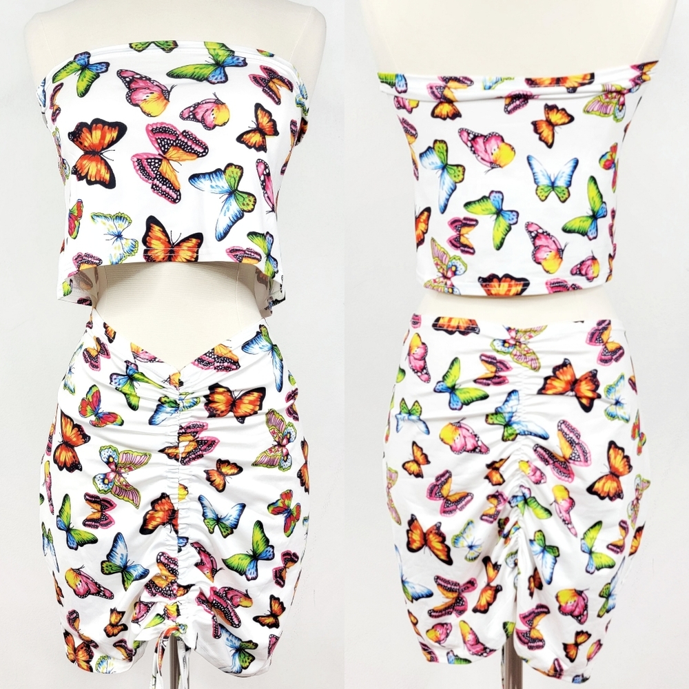 90s Y2K Retro Inspired 2-in-1 White Butterfly Stretchy Top and Skirt
